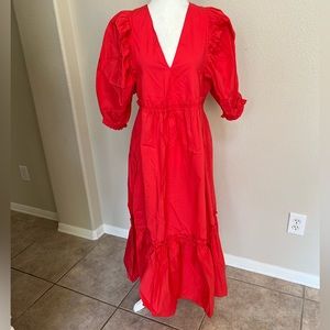 Hunter Bell Palmer Cherry Red cotton tiered ruffle maxi dress Md